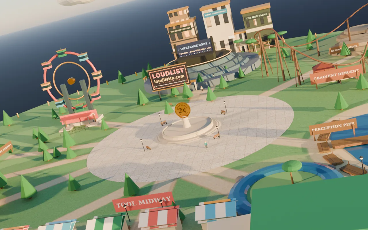 The TOKENLAND park modeled and rendered at golden hour: the Context Window Ferris Wheel, the Gradient Descent Coaster, and Solstice Lake
