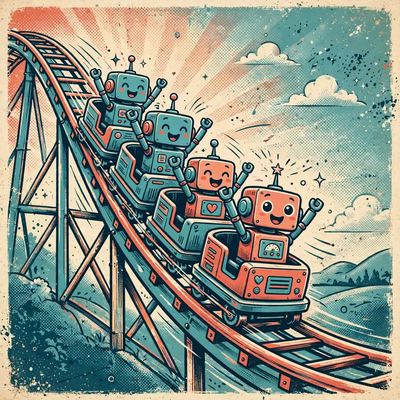 Illustrated robots with arms raised riding a steep descending roller coaster