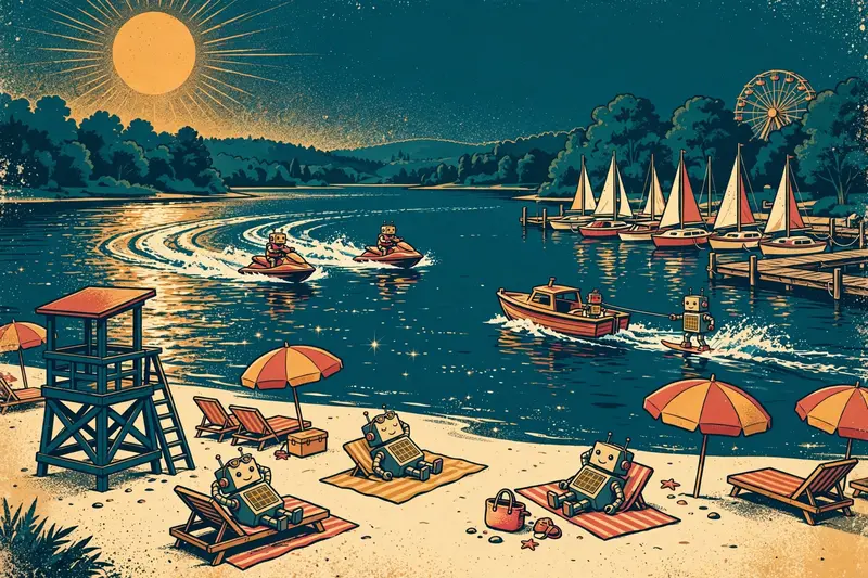 Illustrated robot lake resort: robots with solar-panel chests sunbathing on a sandy beach under umbrellas, robots riding jet skis and water-skiing on a teal lake, a marina dock with sailboats, and the Ferris wheel in the distance